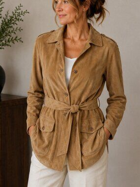Claudia Sträter Goat Suede Belted Jacket Camel Safari Coat EU 44